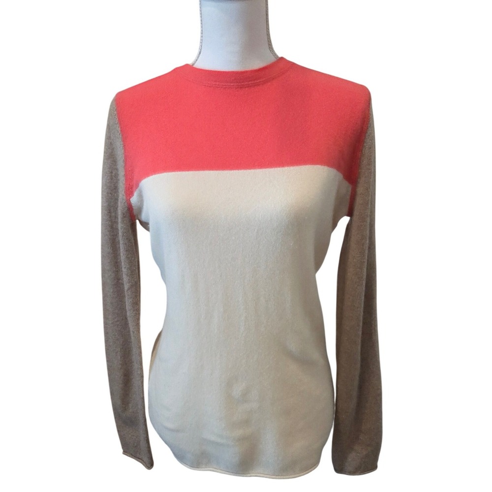 Garnet Hill Womens 100% Cashmere Colorblock Crew Neck Sweater Coral Pink Small